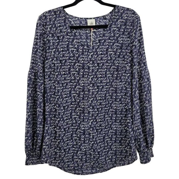 Cabi Long Sleeve Blouse M Blue Te Amo Spell Out Puff Statement Sleeve Pull Over - Picture 3 of 14